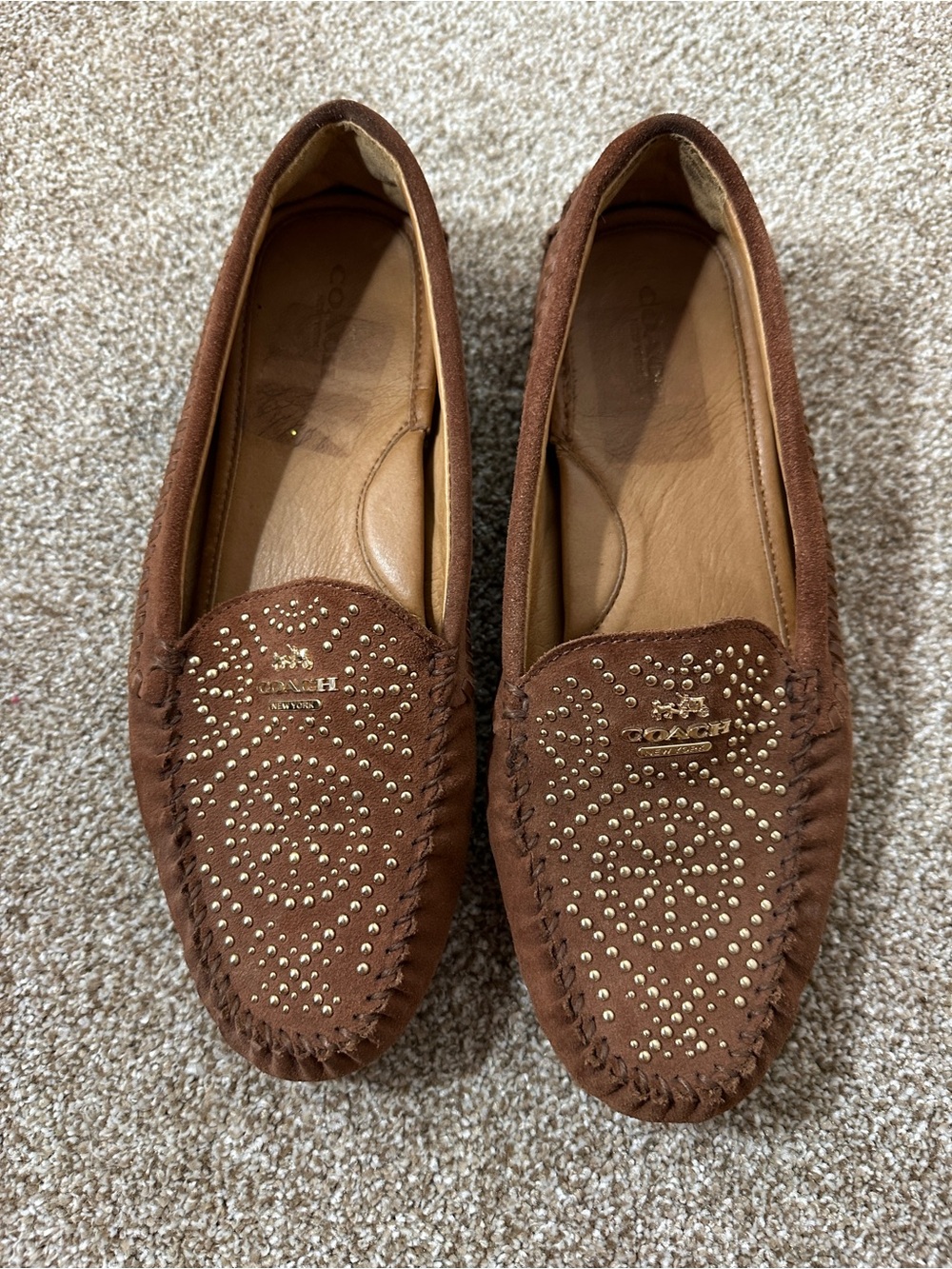 Coach Brown Suede Studded Moccasin Loafers